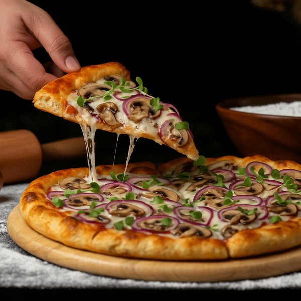 Gourmet pizza slice being lifted