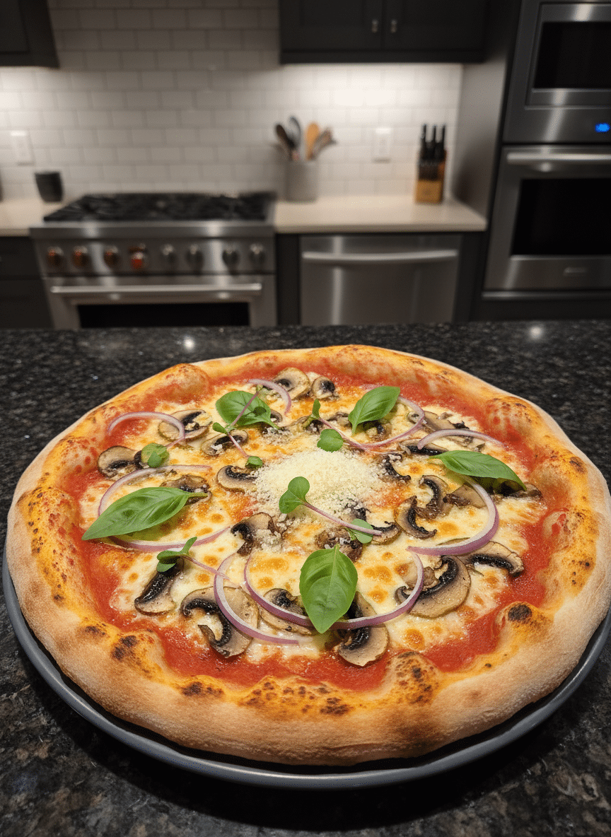 Close-up of a homemade pizza topped with arugula, mozzarella, and tomatoes.