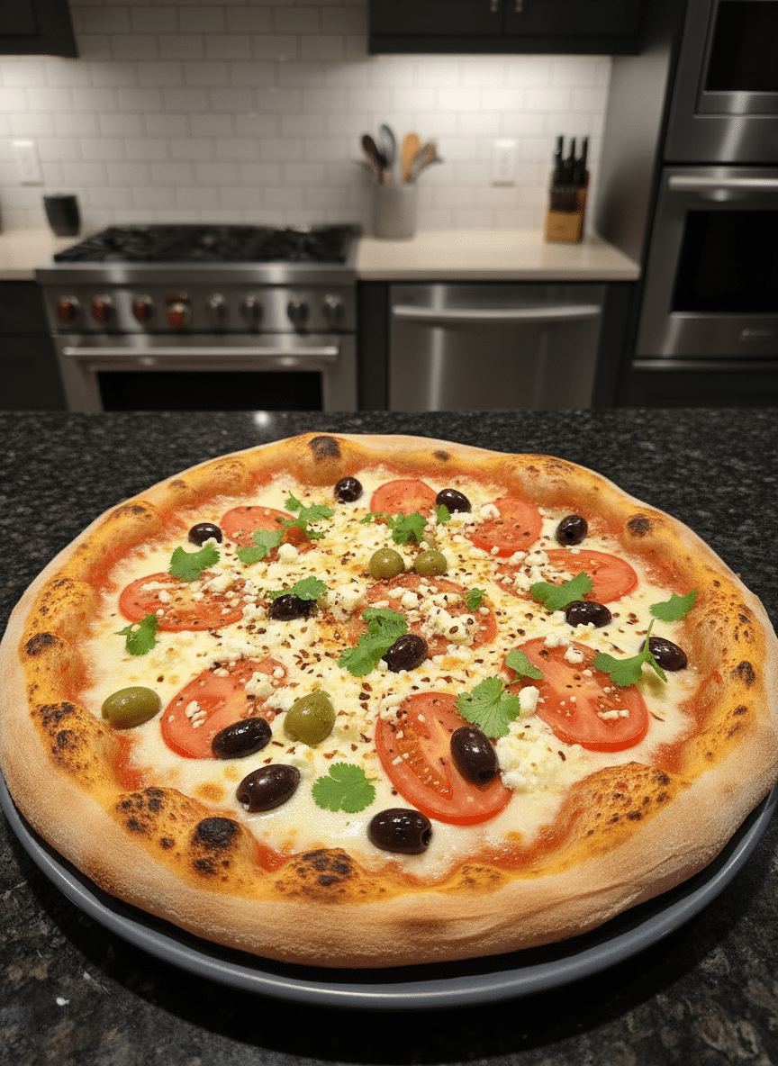 Top view of a tasty seafood pizza garnished with fresh herbs and lemon slices.