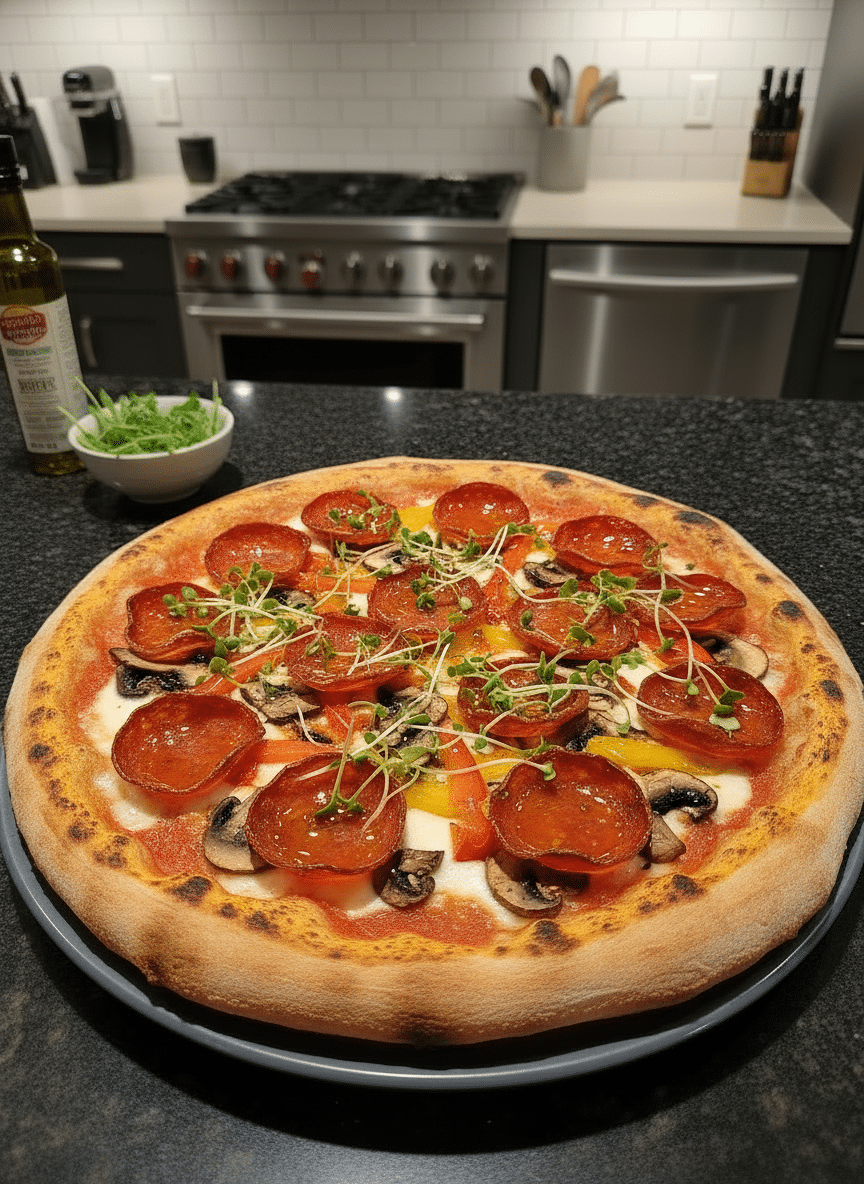 Close-up of a delicious pizza with pepperoni and cheese, accompanied by baking ingredients on a wooden board.