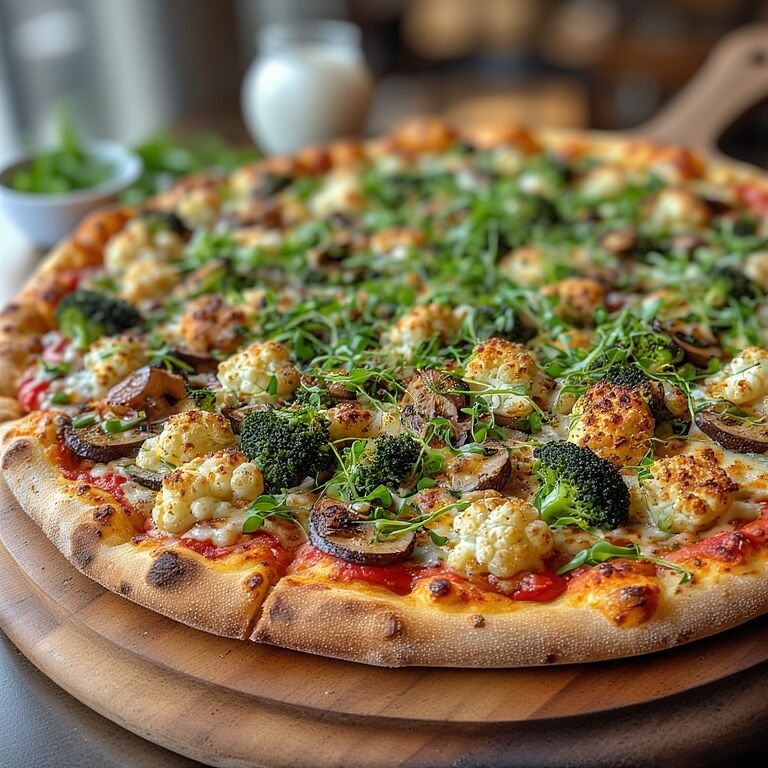 Tuscan Gardener vegetable pizza with broccoli microgreens