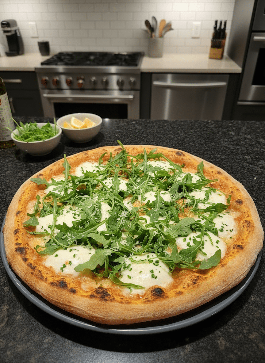 Top view of a delicious Italian pizza with shrimp and zucchini, perfect for food photography.